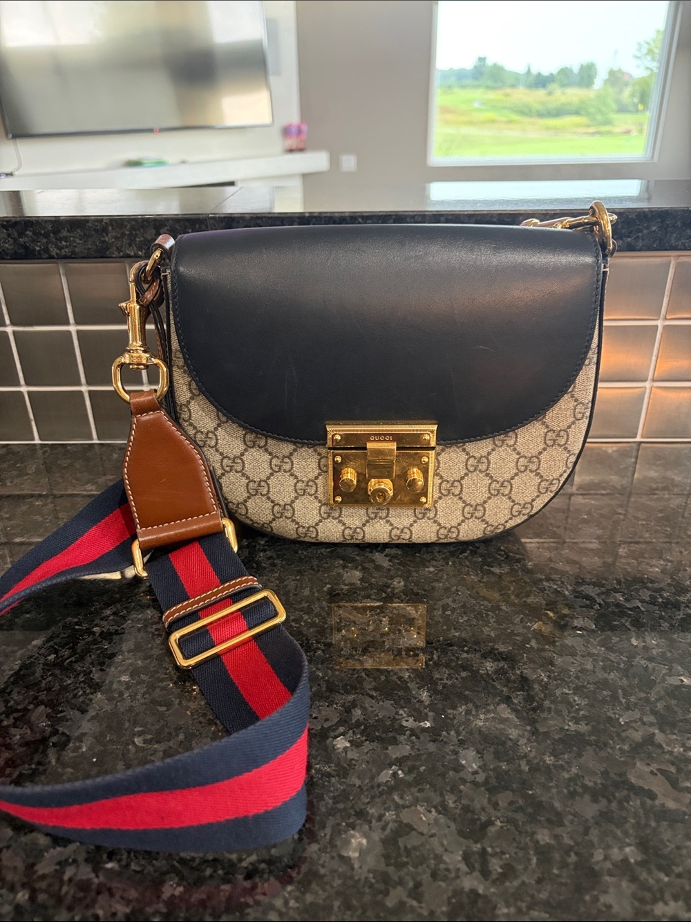 Gucci Navy Leather & Beige GG Monogram Crossbody with Red-Blue Strap